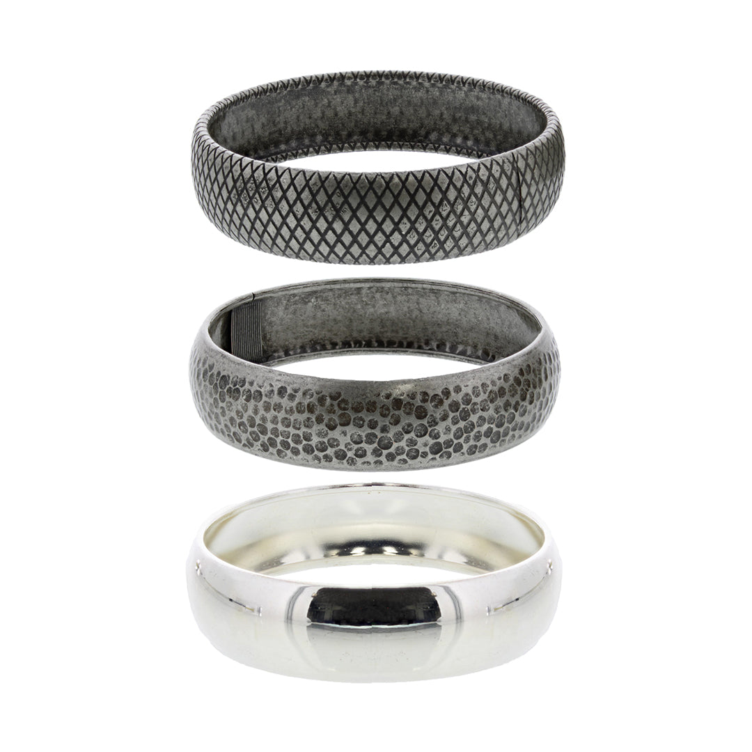 Set of 3 Metal Diamond Hammered Smooth Vintage Chunky Bangles