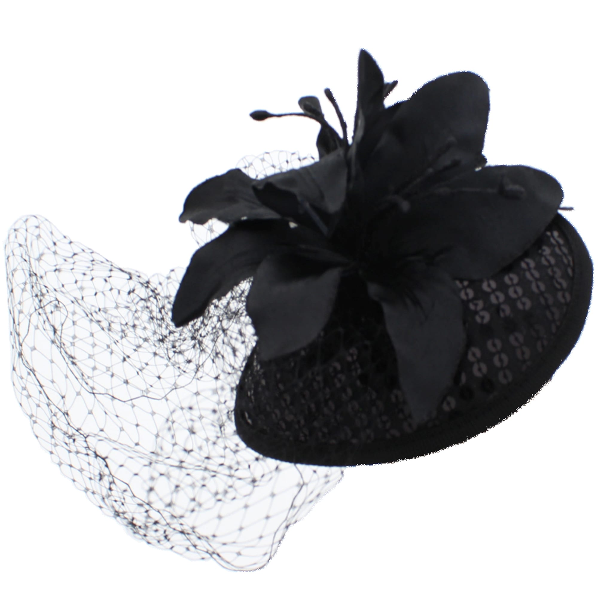 Pillbox Sequin Fascinator with Glitter Lily Flower & Mesh Net