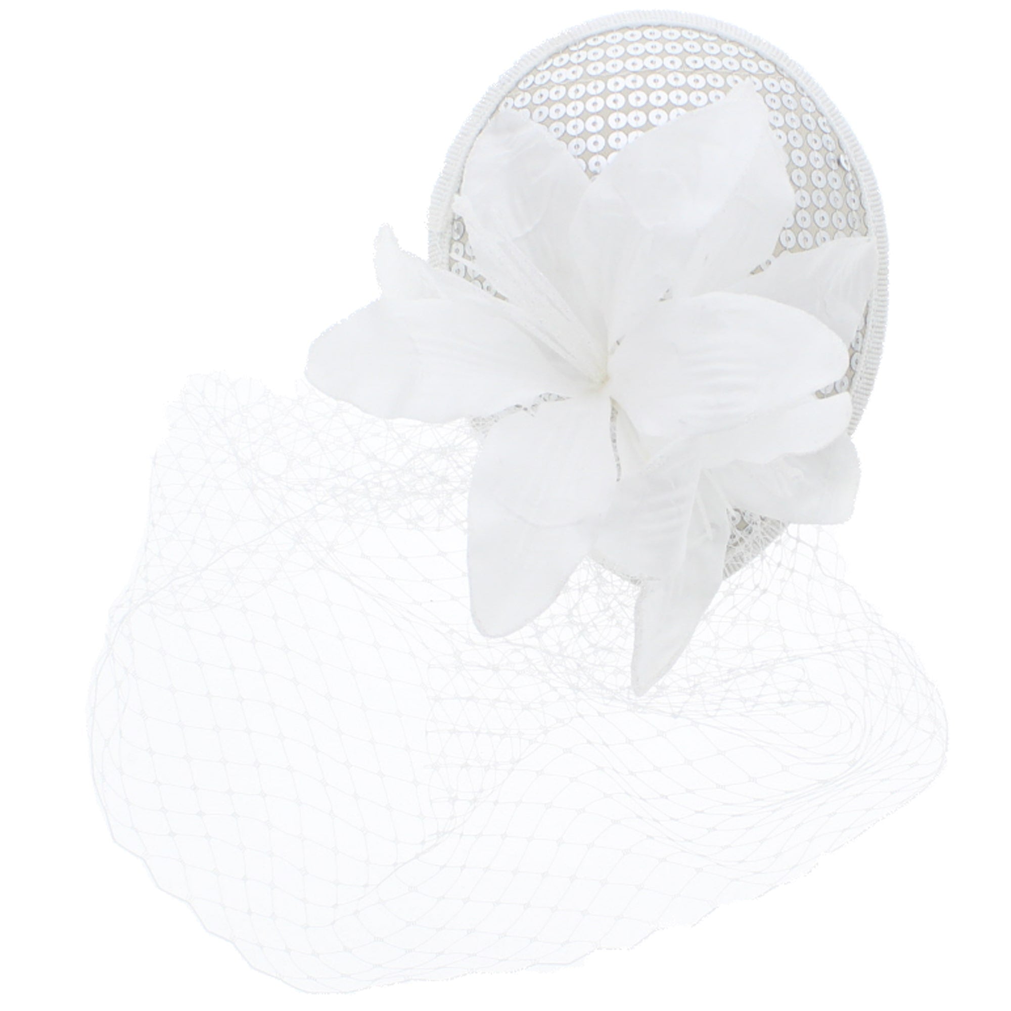 Pillbox Sequin Fascinator with Glitter Lily Flower & Mesh Net