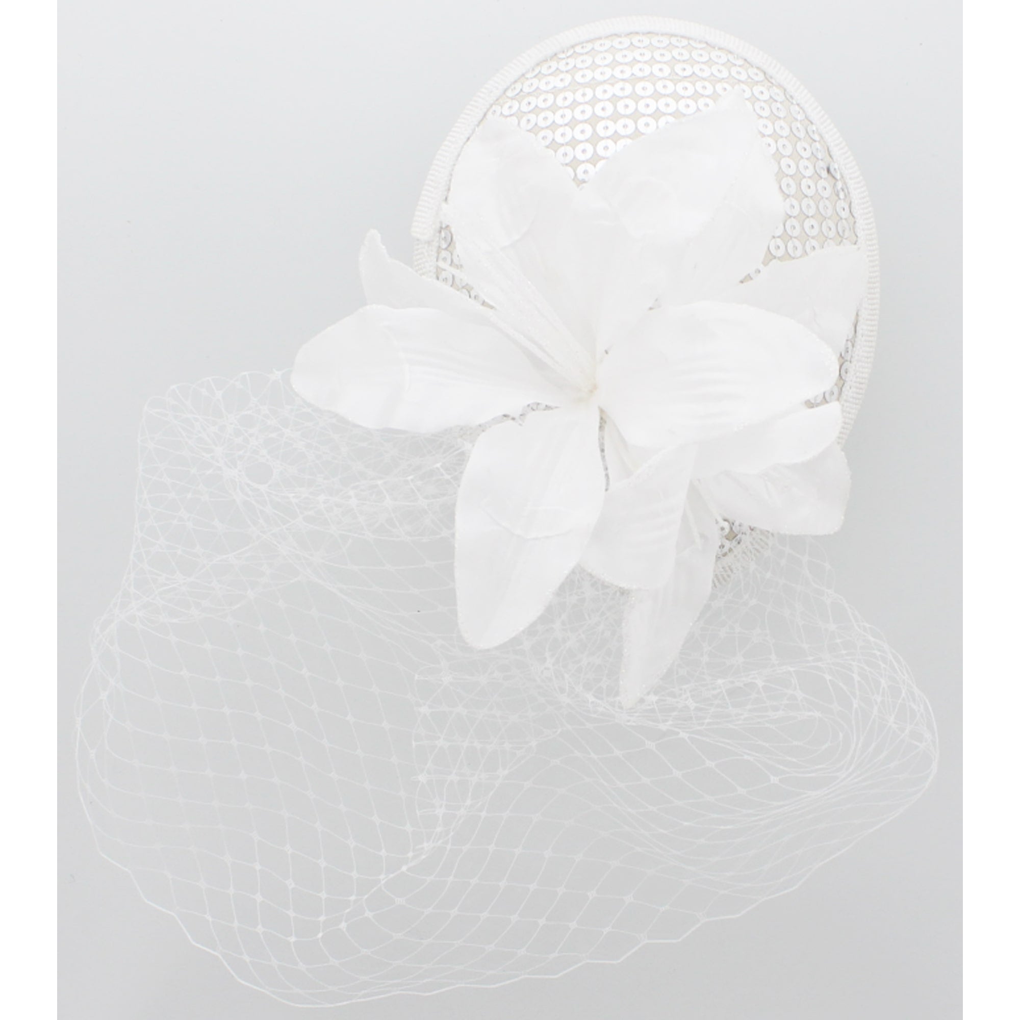 Pillbox Sequin Fascinator with Glitter Lily Flower & Mesh Net