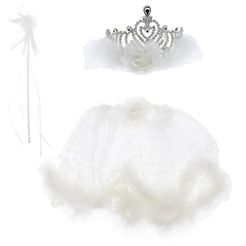 White Fur Tiara Crown, Tutu & Wand Set