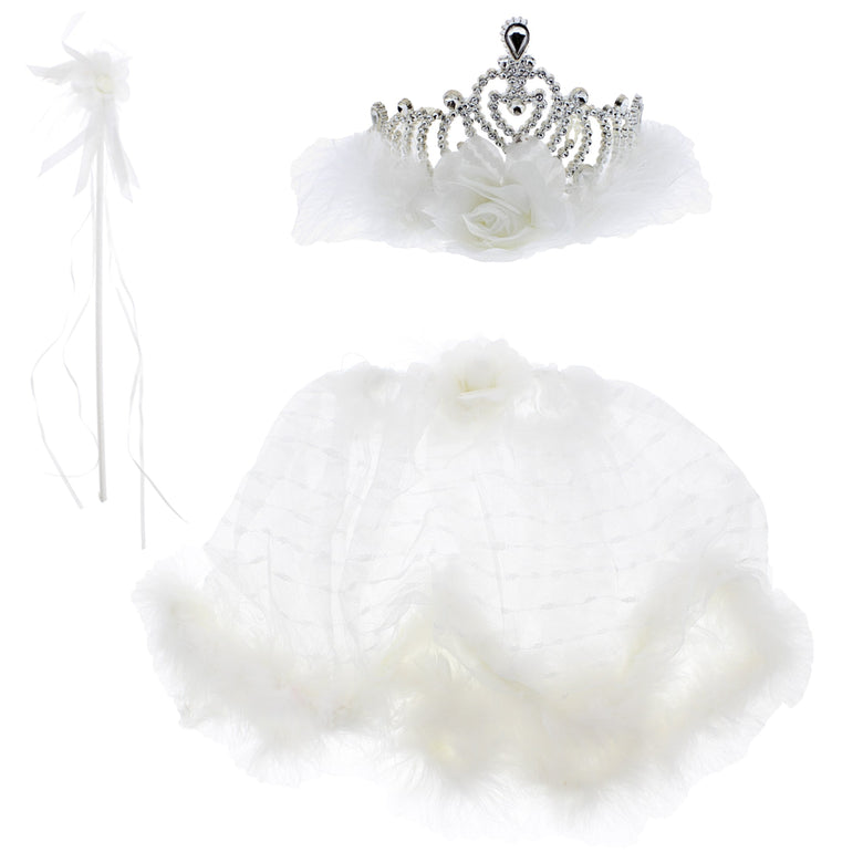 White Fur Tiara Crown, Tutu & Wand Set