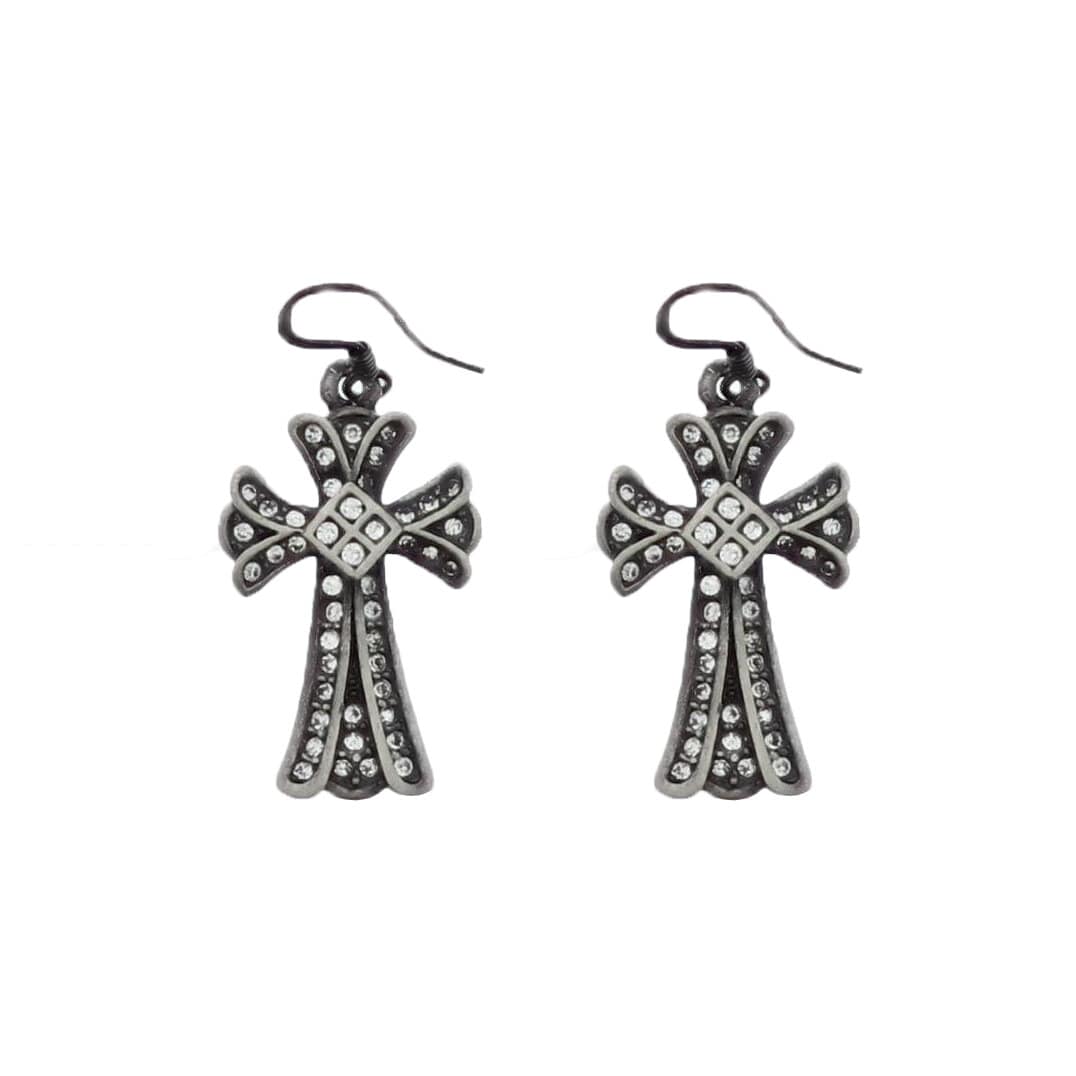 Clear Stone Gun Metal Clover Cross Earrings