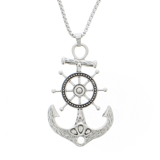 Silver Anchor & Wheel Pendant on Chain Necklace