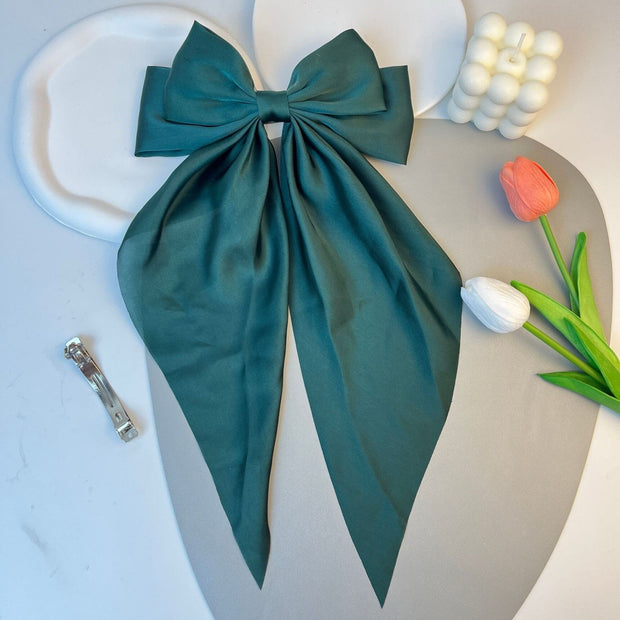 Large Satin Hair Bow on Barrette with Tails