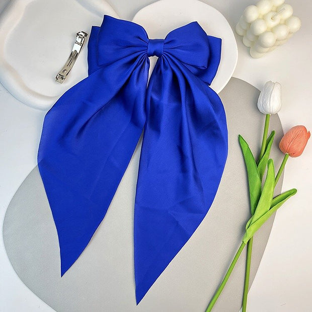 Large Satin Double Hair Bow on Barrette with Tails