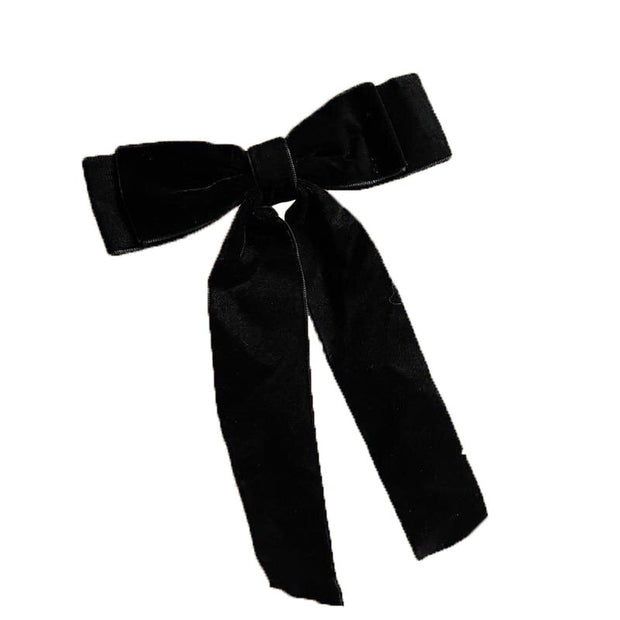 Black Velvet Double Hair Bow on Barrette with Tails