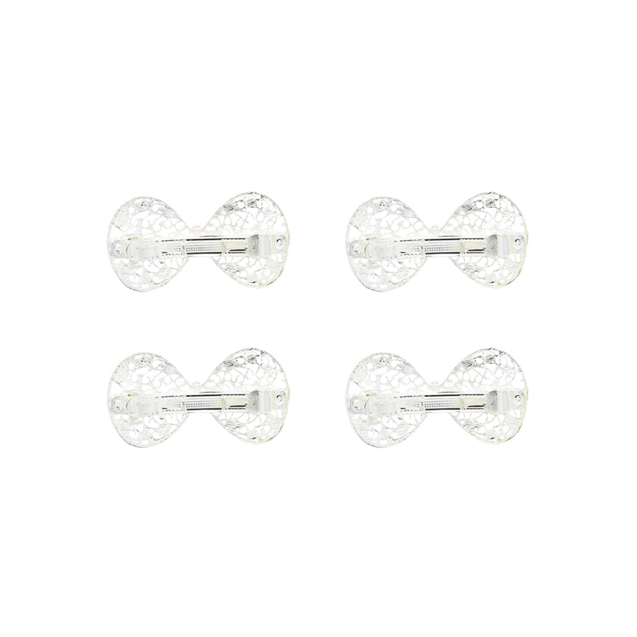 Mini Bow Barrettes Silver Filigree Hair Clips with Diamanté Stones