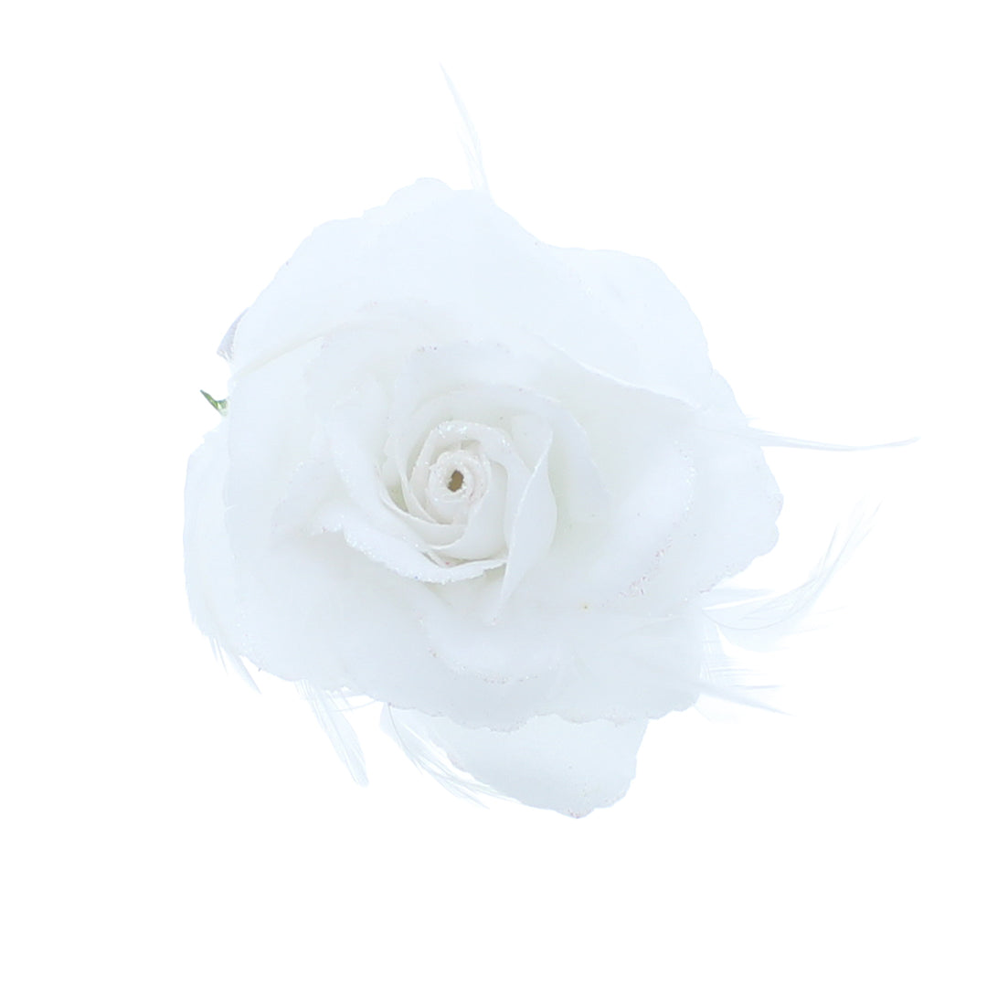 Fabric White Rose Glitter Feather Hair Clip Barrette
