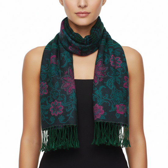 Floral Scarf with Crinkled Texture and Tassels