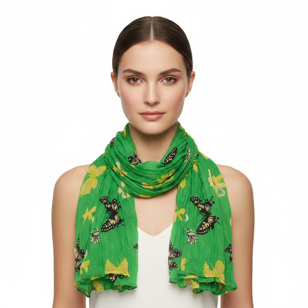 Green scarf with butterfly patterns on a white background