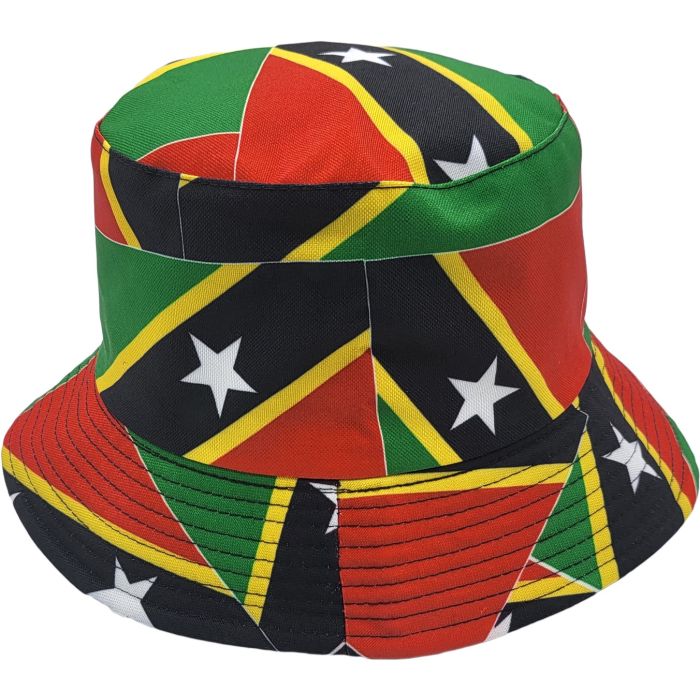Bucket hat with a colorful geometric pattern on a white background