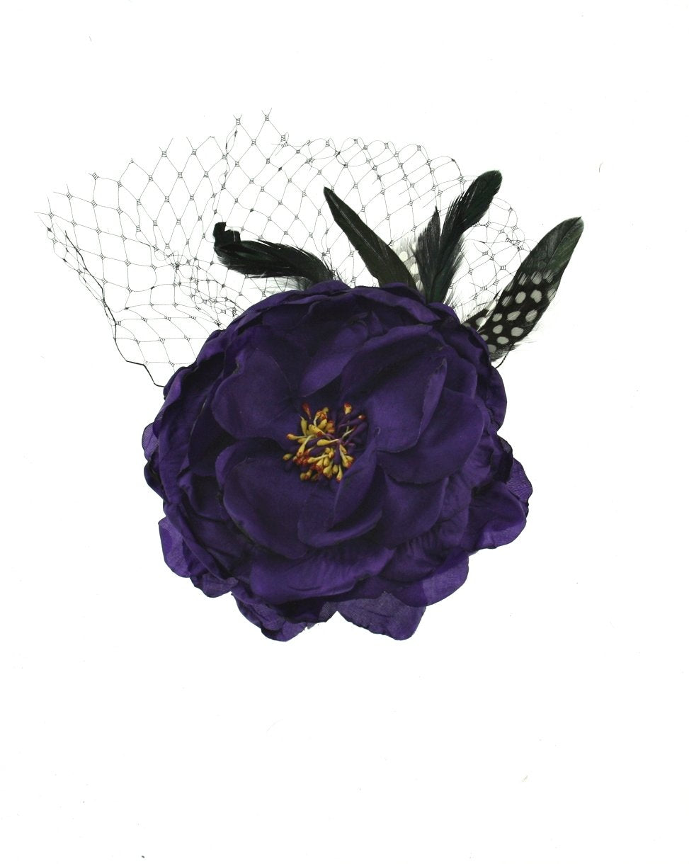 Large Buttercups Hair Flower with Feather & Net on Clip
