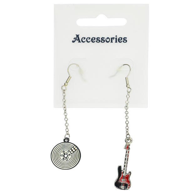 Black & Red Electric Guitar & Record with Diamante Stones Chain Drop Earrings