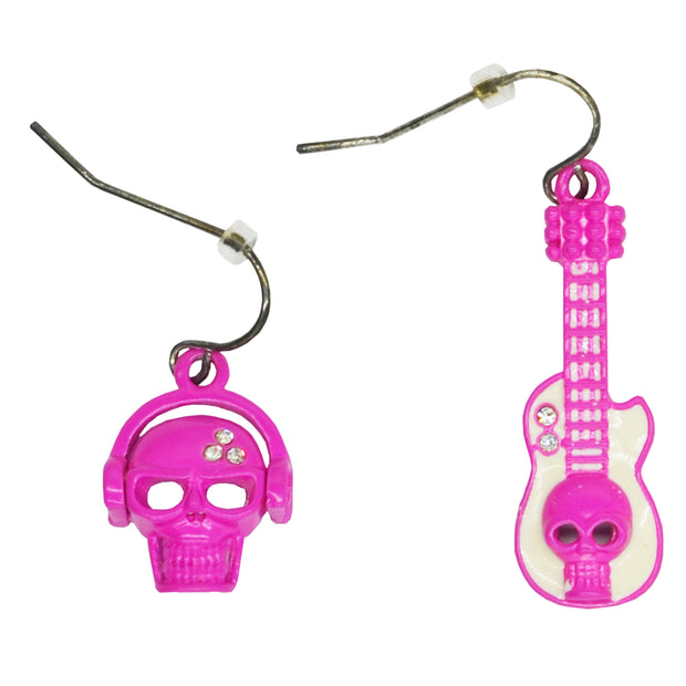 Diamante Stone Skull with Headphones & Diamante Stone Guitar with Skull Earrings