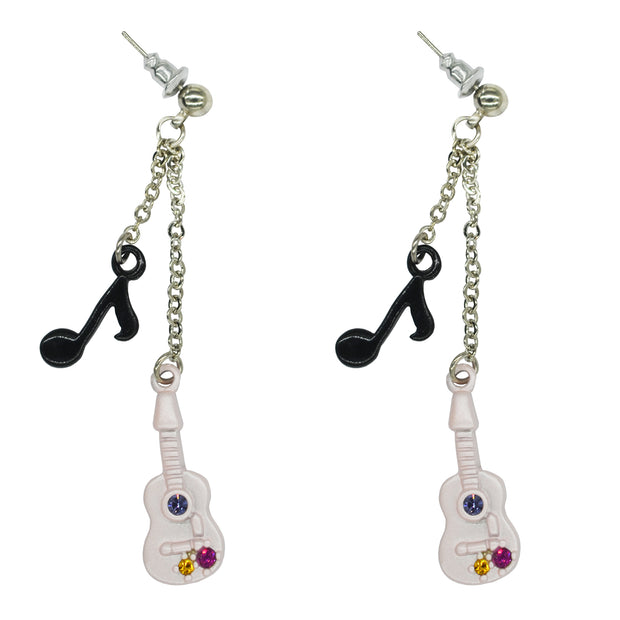 Pink Guitar with Diamante Stones & Black Musical Note Chain Drop Earrings