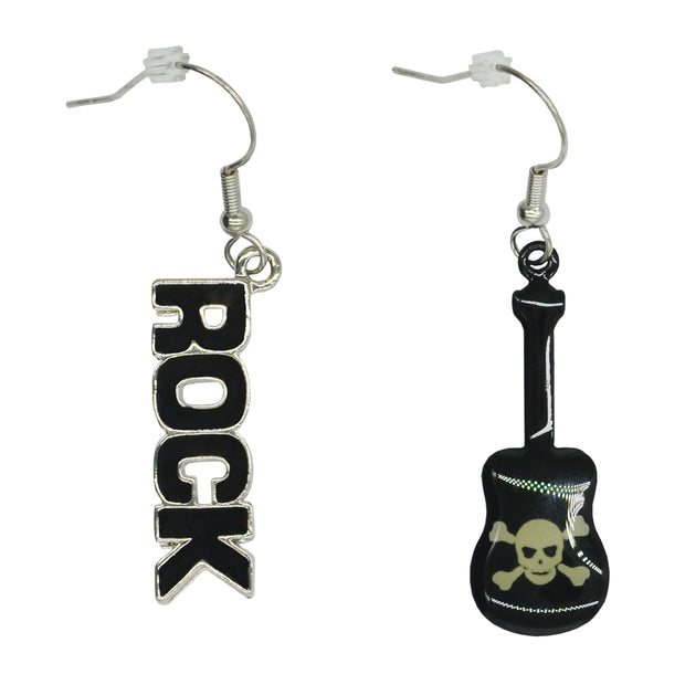 Black Rock and Skull & Crossbones Emblazoned Guitar Earrings
