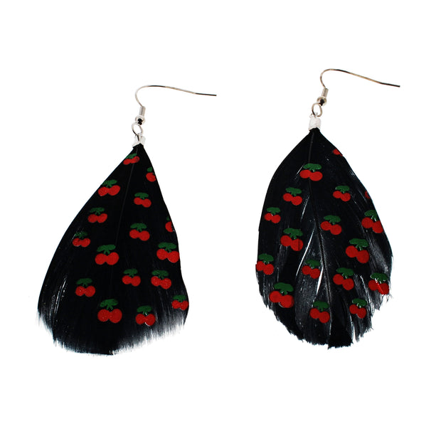 Black Feather Earrings With a Cherry Pattern