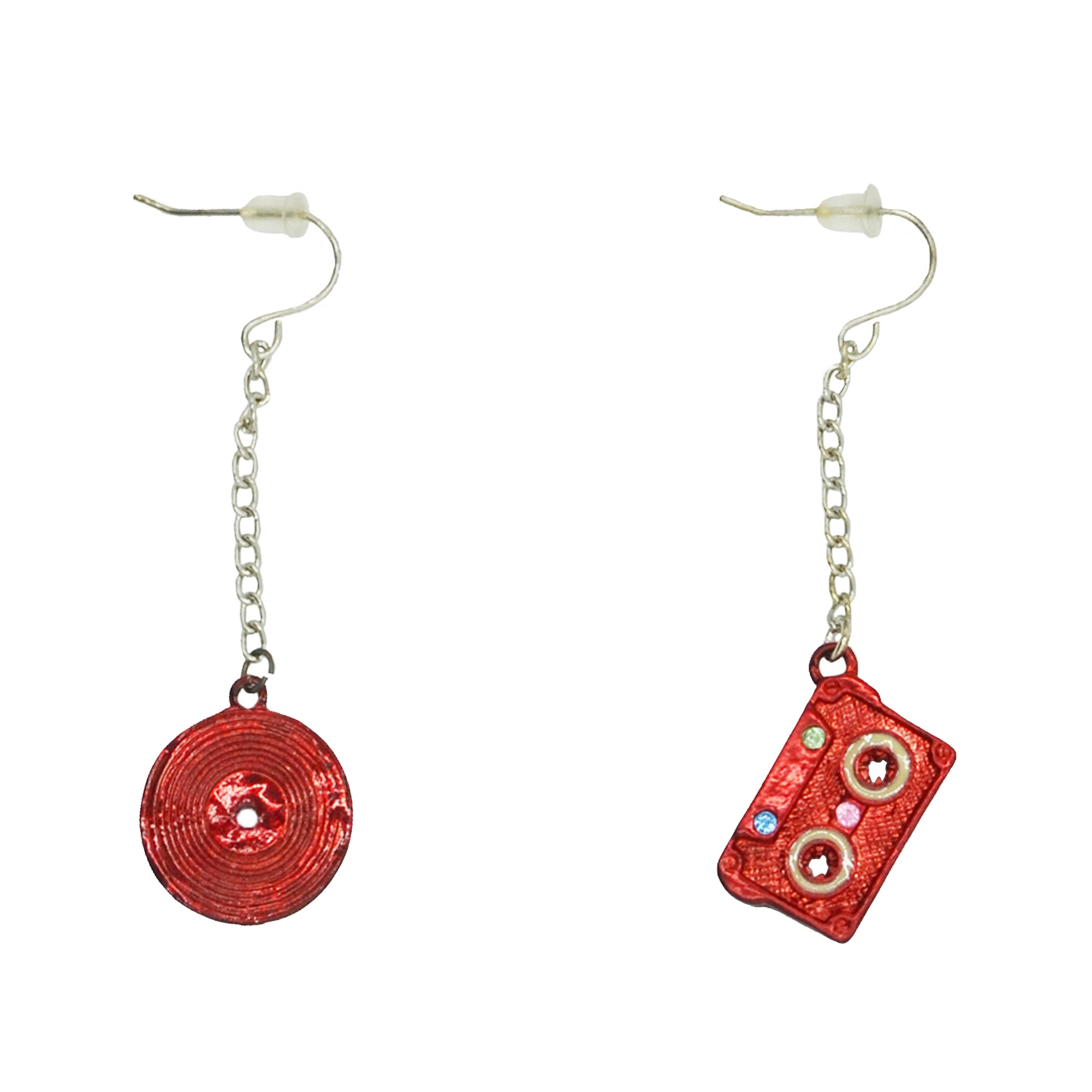 Red Cassette & Record Chain Drop Earrings