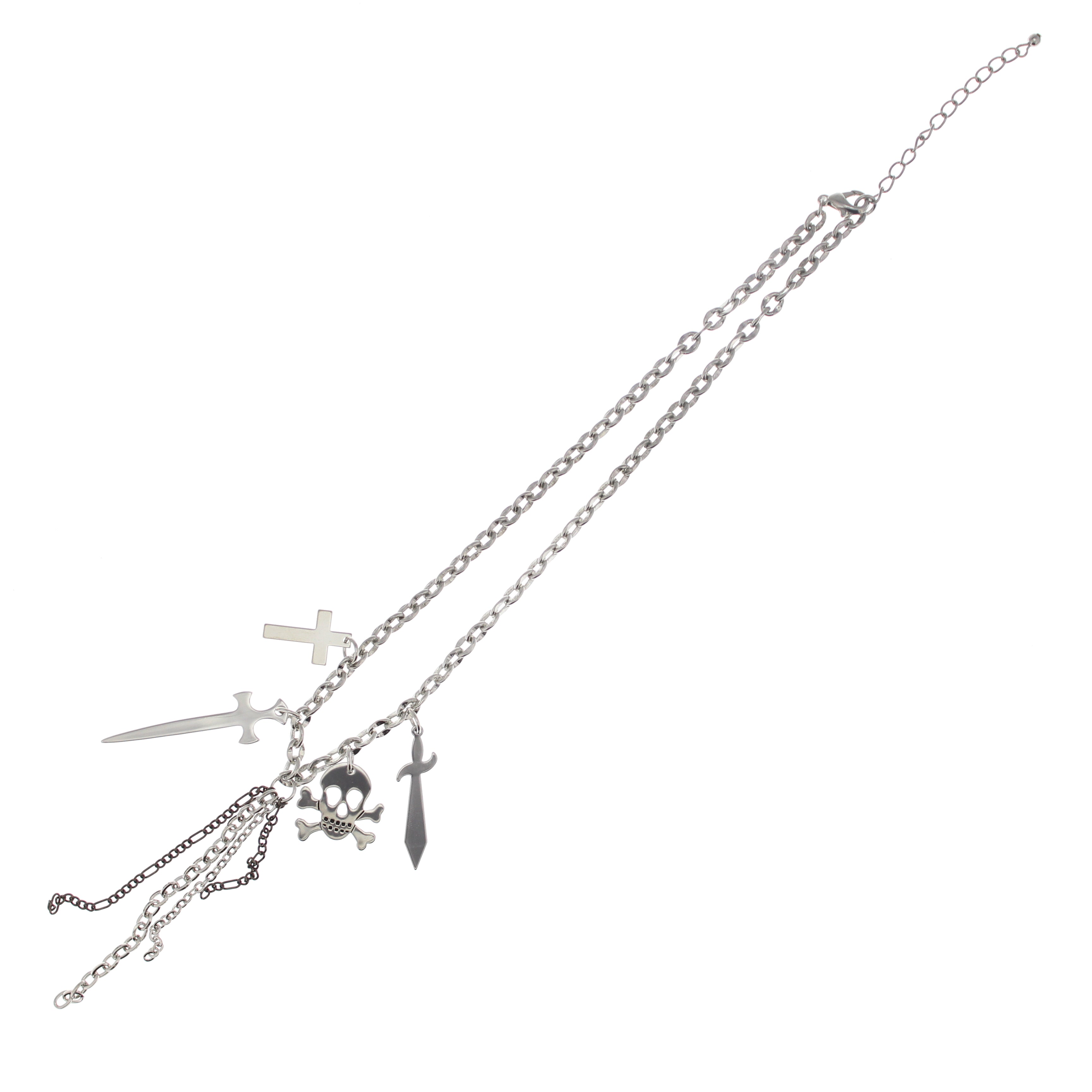 Skull and Crossbone Cross and Dagger Charm Necklace