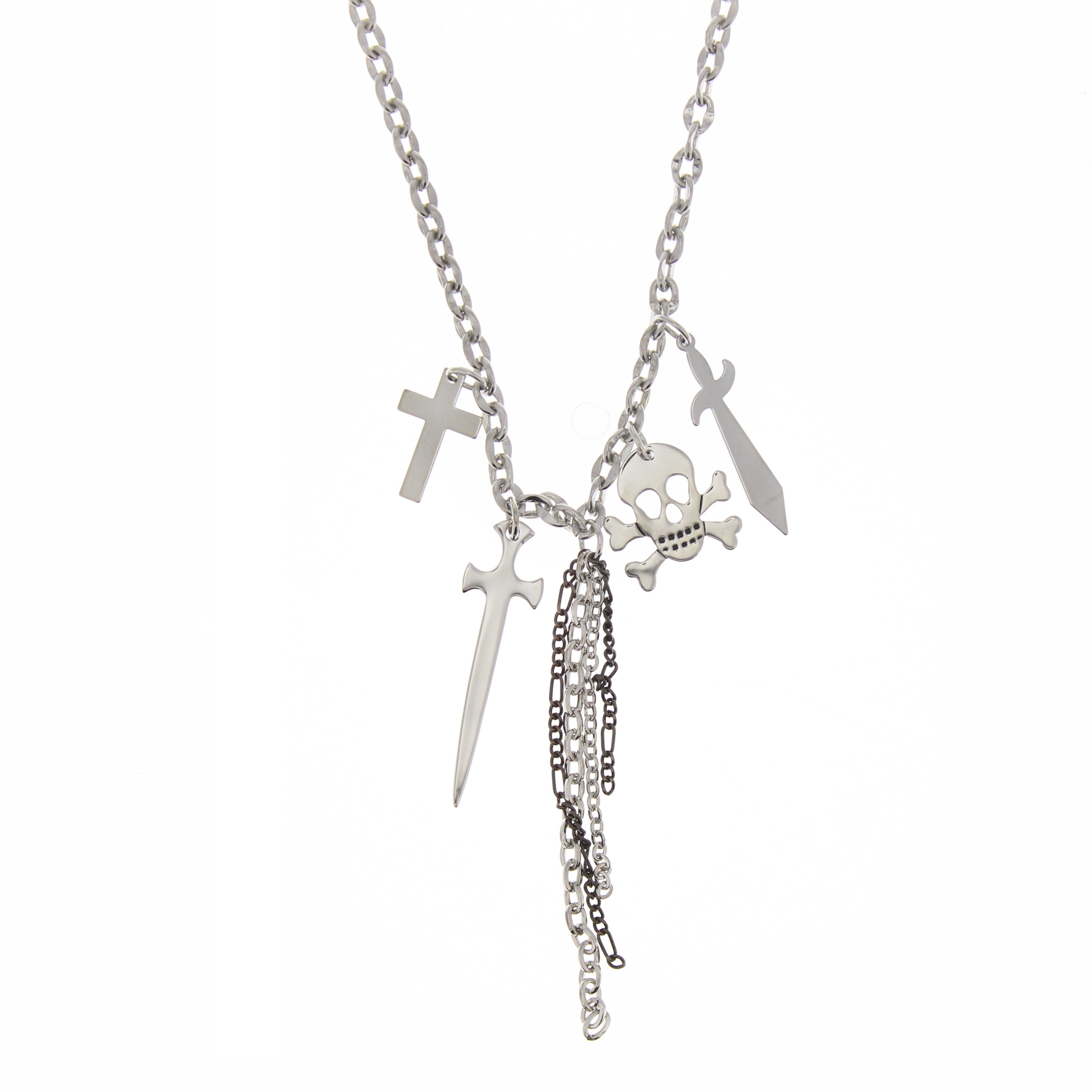 Skull and Crossbone Cross and Dagger Charm Necklace