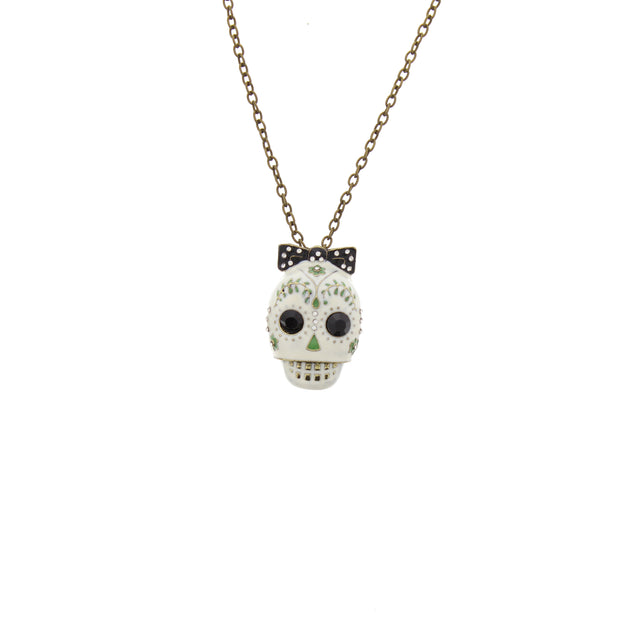 White Sugar Skull with Bow Necklace On Burnished Gold Chain