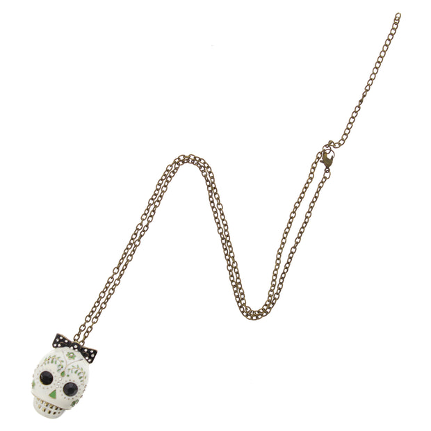 White Sugar Skull with Bow Necklace On Burnished Gold Chain
