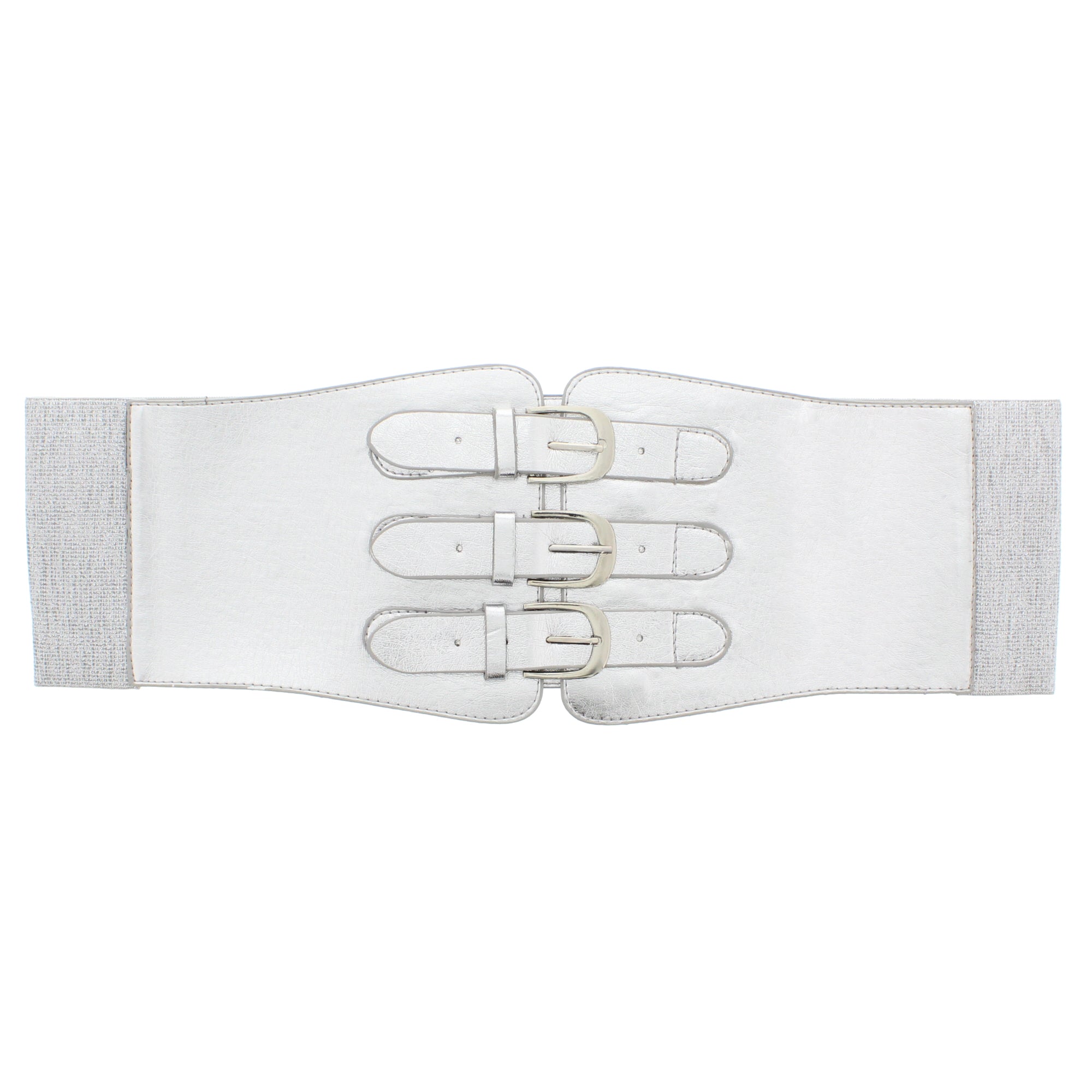 Silver Elasticated PU Triple Buckle Belt
