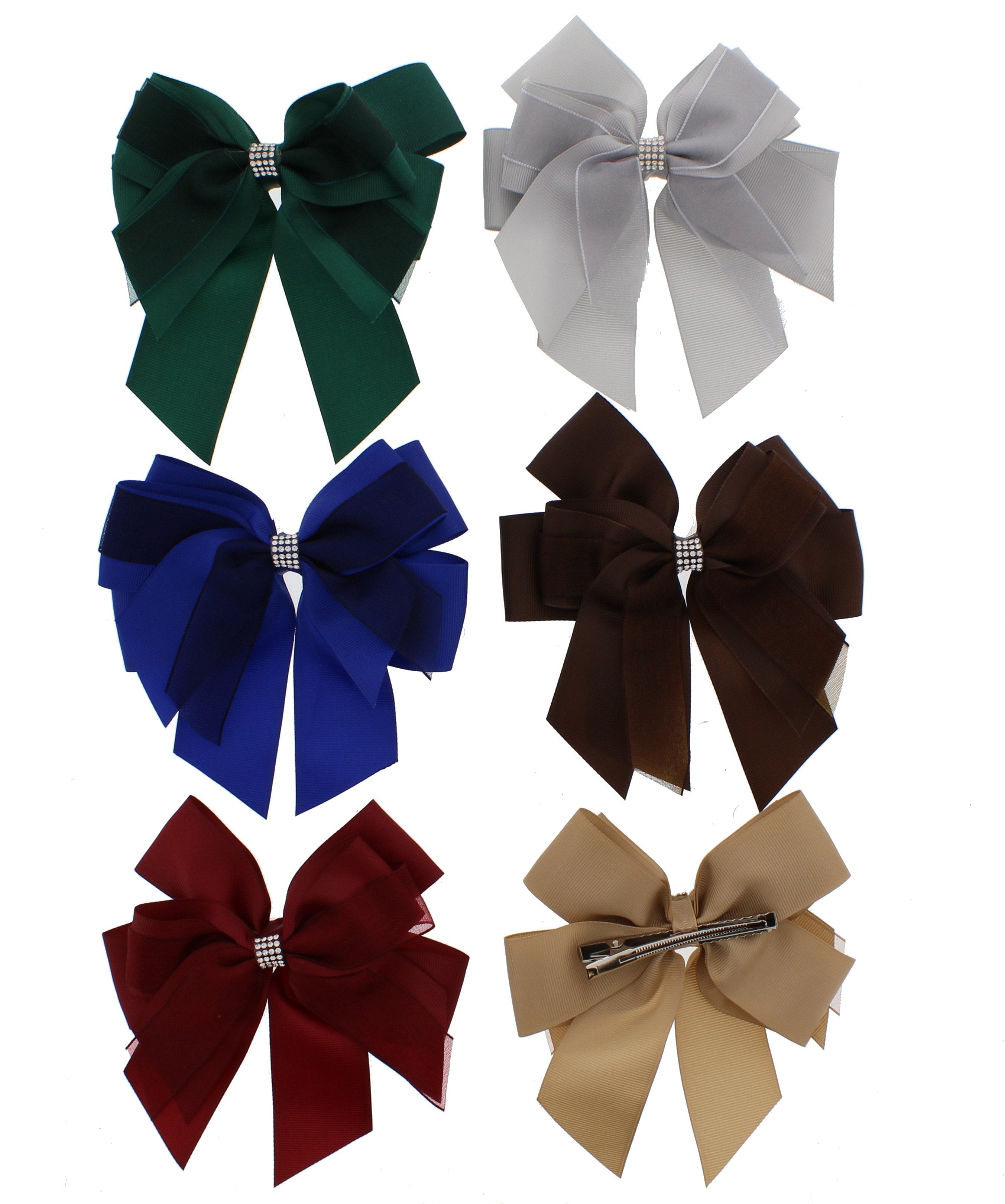 6-Pack Large Layered Multi-Coloured Ribbon Hair Bows with Diamante