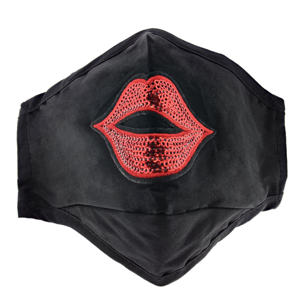 Black with Sequined Lip Cotton Face Mask