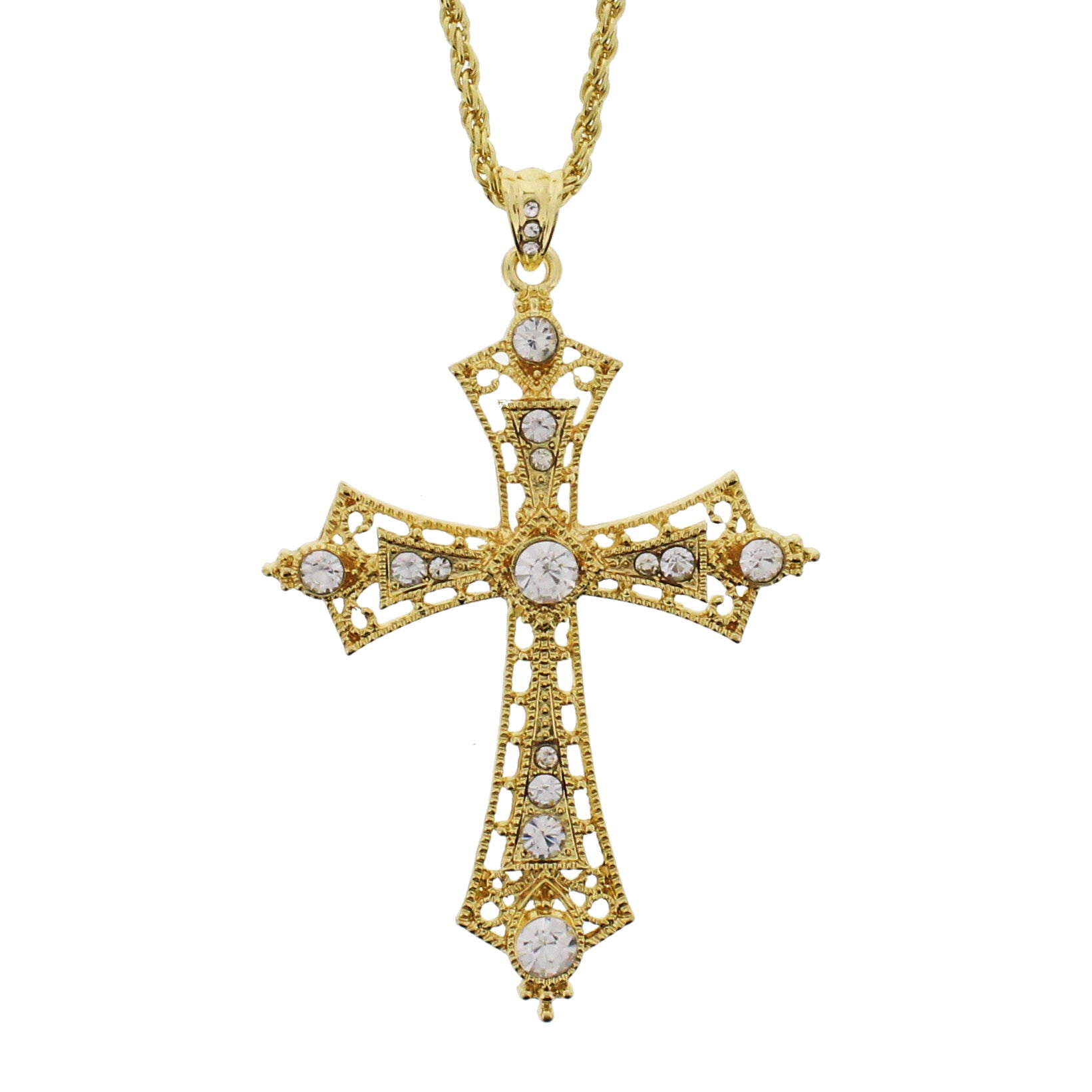 Gold Cross Chain Necklace With Clear Gems