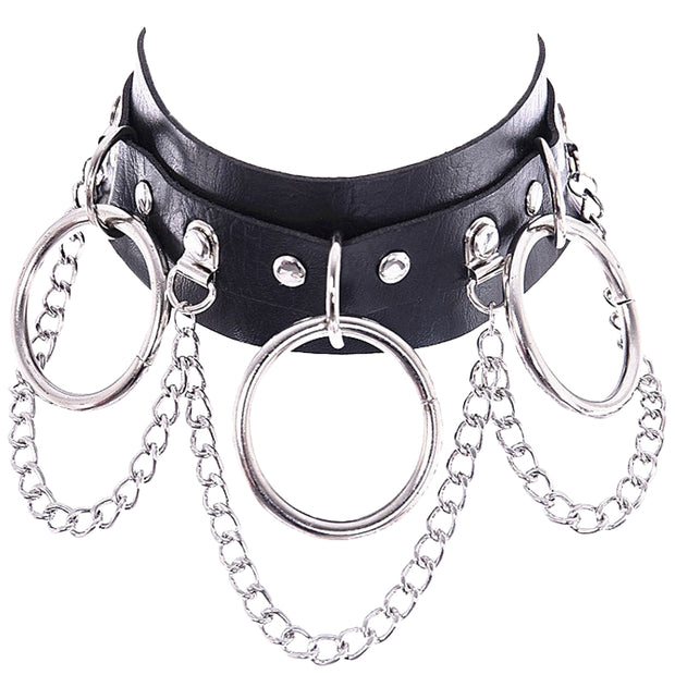 Black PU Choker with Rings and Chain