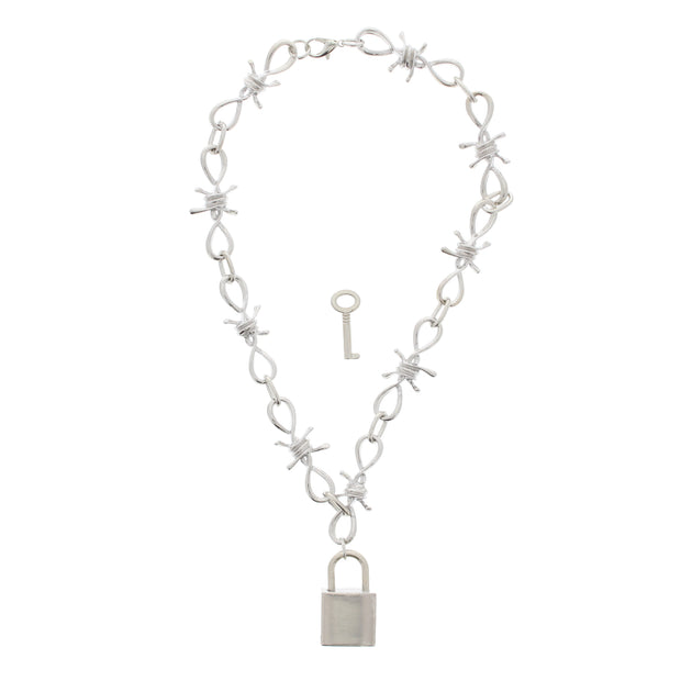 Silver Barbwire Chain Necklace with Padlock & Key