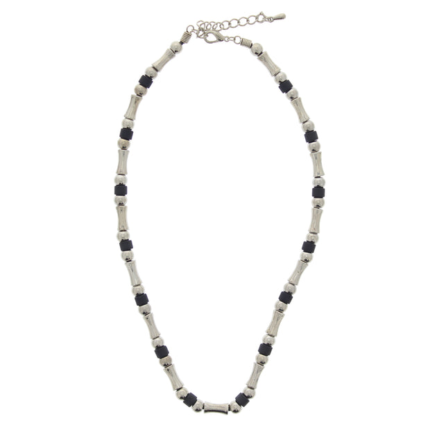 Silver Ball & Bar with Black Beads Necklace