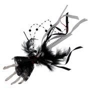 Large Silver Glitter Skeleton Hand Fascinator on Clip with Feathers, Ribbon, Lace & Hanging Pearl Beads