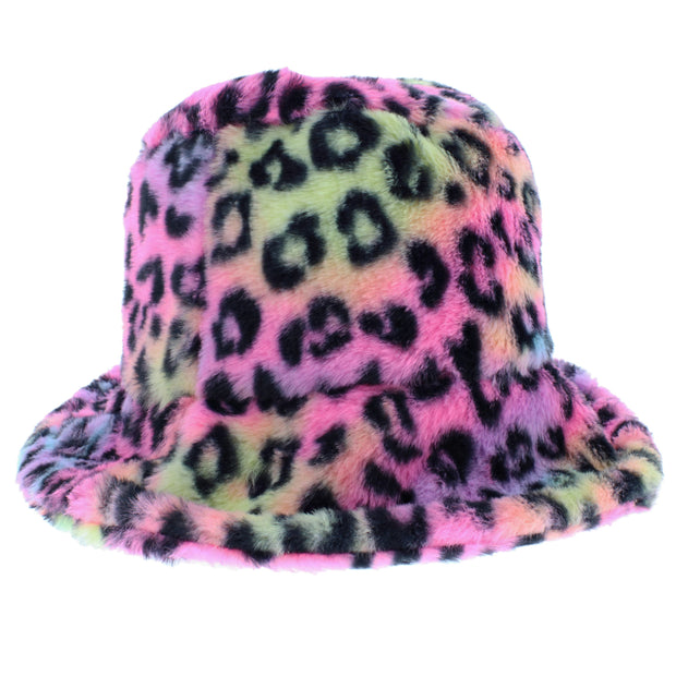 Rainbow Leopard Faux Fur Bucket Hat
