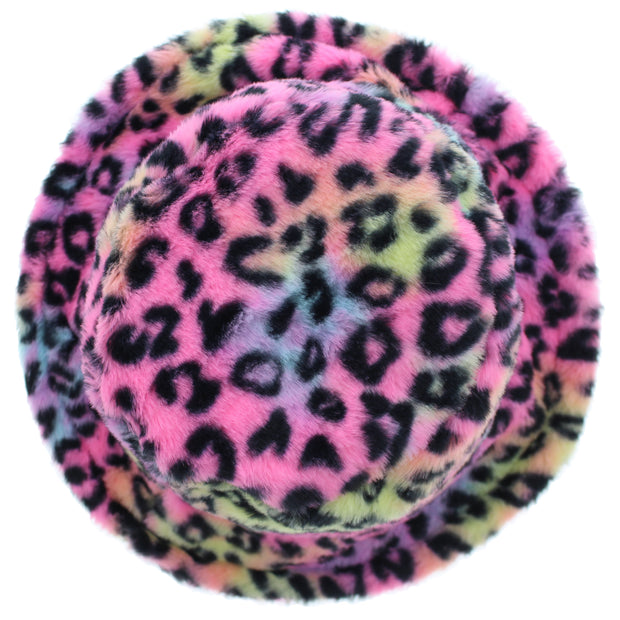 Rainbow Leopard Faux Fur Bucket Hat