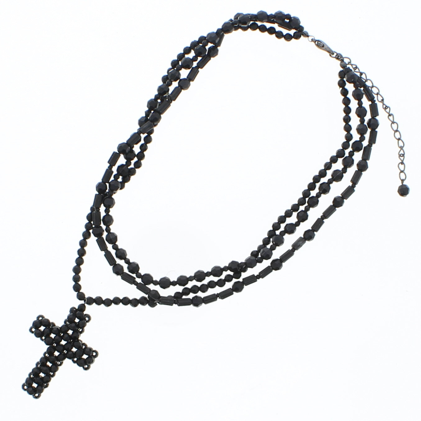 Faceted 3 Layer Bead Rosary Cross Necklace