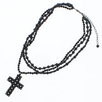 Faceted 3 Layer Bead Rosary Cross Necklace