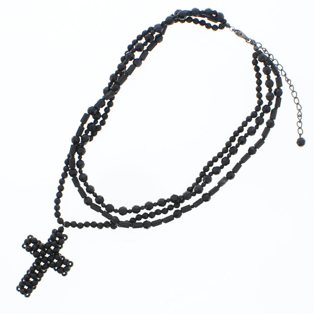 Black Faceted 3 Layer Bead Rosary Cross Necklace