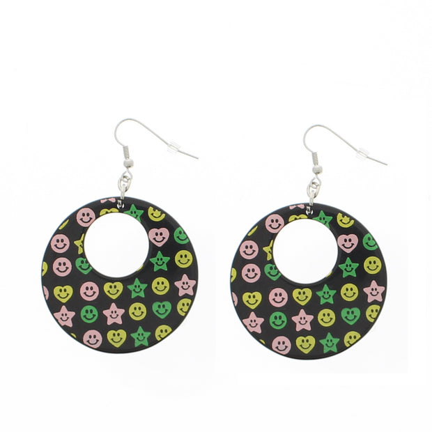 Fun Smiley Face, Heart and Star Disc Earrings