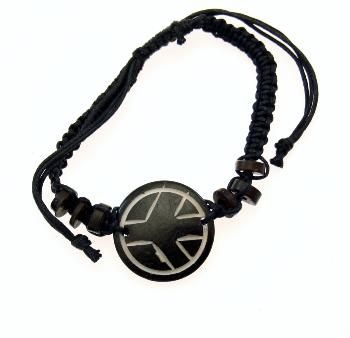 Braided Cord Bracelet with Tribal Circular Charm and Wooden Beads