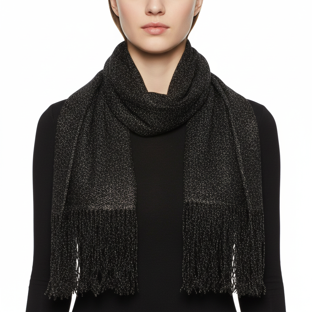 Black scarf with fringes on a white background
