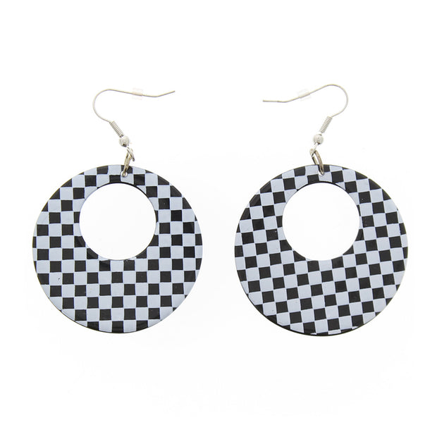 Checkered Round Geometric Hoop Disc Earrings