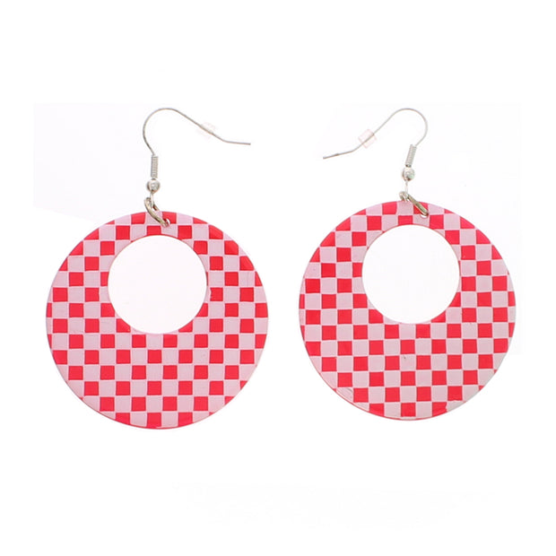 Checkered Round Geometric Hoop Disc Earrings