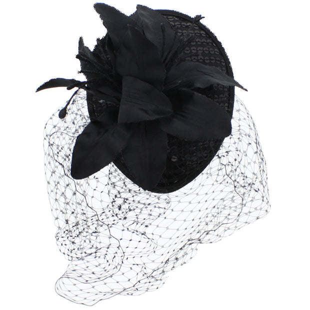 Pillbox Sequin Fascinator with Glitter Lily Flower & Mesh Net