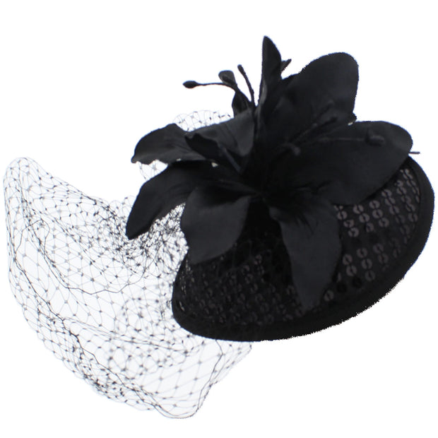 Pillbox Sequin Fascinator with Glitter Lily Flower & Mesh Net