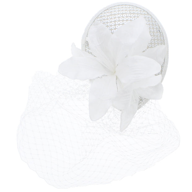Pillbox Sequin Fascinator with Glitter Lily Flower & Mesh Net