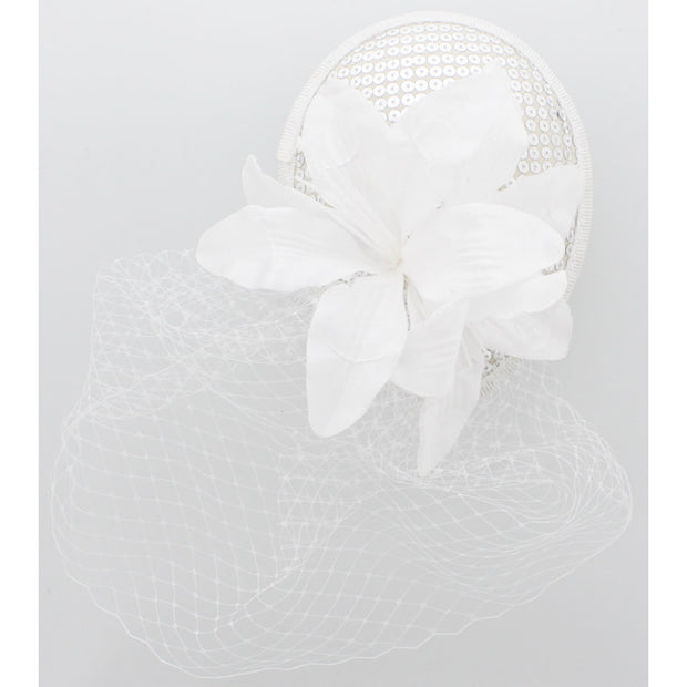 Pillbox Sequin Fascinator with Glitter Lily Flower & Mesh Net