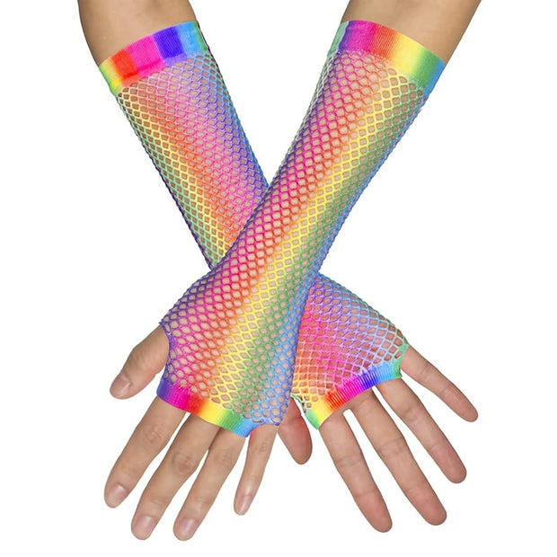 Long Rainbow Fishnet Gloves